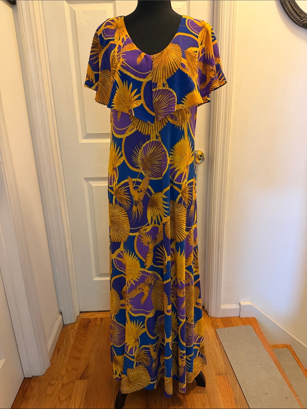 Attitudes by Renee Blue and Yellow Tropical Print Maxi Dress